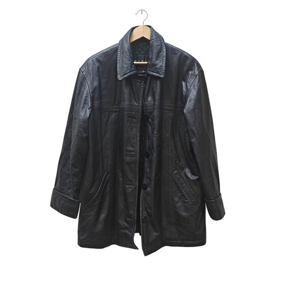 Winlit NY Genuine Leather Car Coat Black Button Front Jacket (Vintage/90s) - Picture 1 of 9